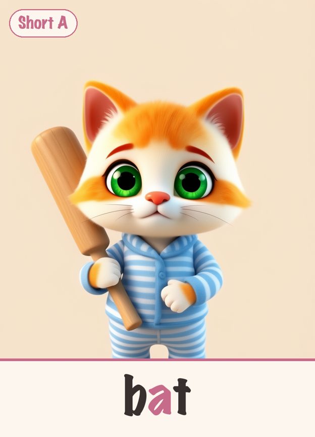 A Short A flashcard: Milo holding a bat, the word “bat” with the a highlighted