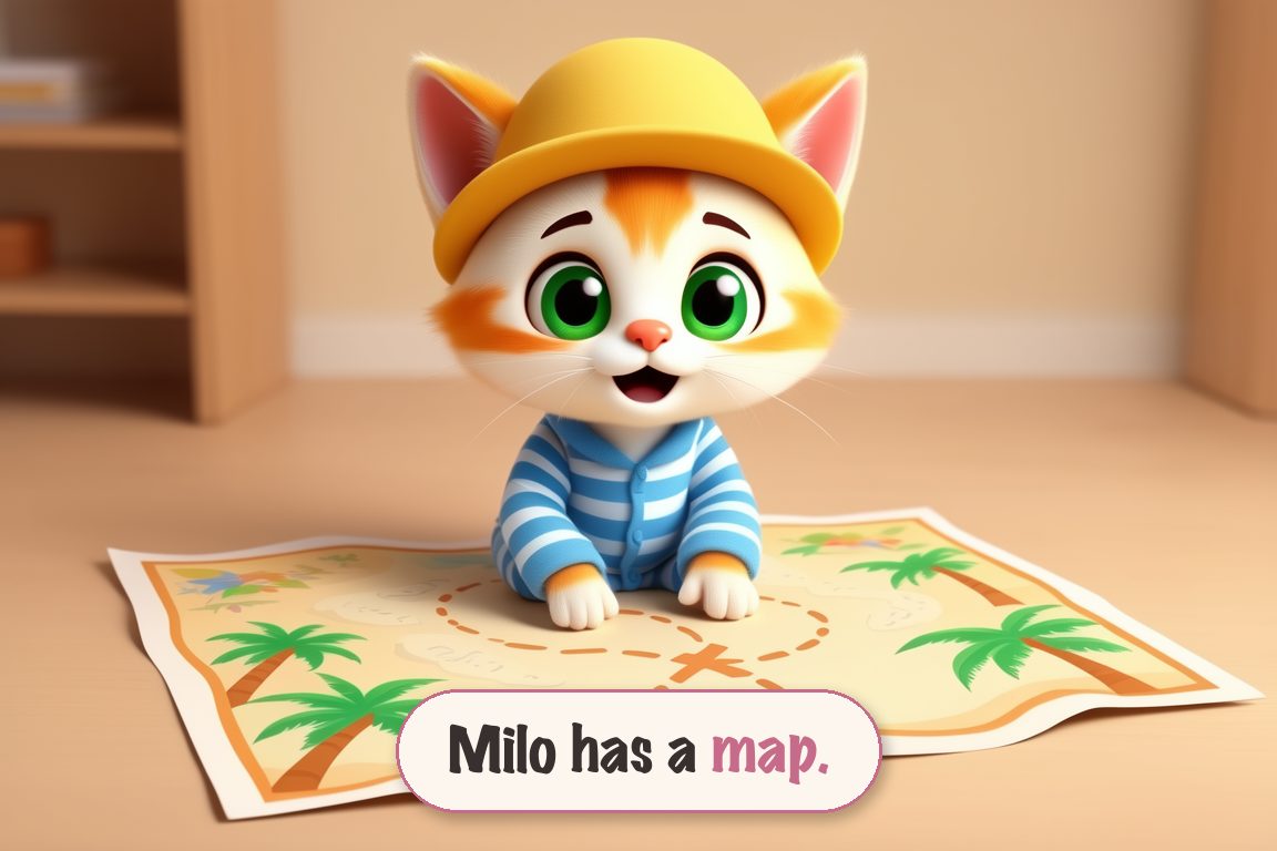 A page from “Milo in the Sand”: Milo the kitten kneels on a treasure map. The caption reads “Milo has a map.”